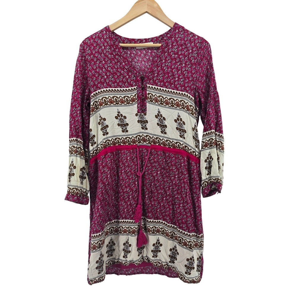Entro Tunic Dress Womens Small Magenta Floral Boho V-Neck Tassel‎ Mixed Print